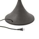 Black iron lamp base with attached electrical cord and plug