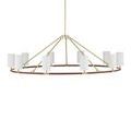 Angled view of chandelier with white shades showcasing circular form and suspension chain