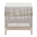 Square outdoor side table with tempered glass top, powder-coated frame wrapped in taupe and white woven rope with solid ta...