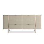 Love At First Sight 78-inch dresser in glowing Oracle gold with six center drawers, two curved end doors, and whisper of g...