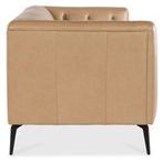 Side view of Nicolla Sofa highlighting smooth leather arm panel and black metal leg detail