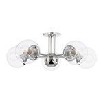 Modern 5-light semi flush ceiling fixture with clear glass globes and polished chrome steel arms