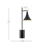 White background with lamp measurements labeled: 23 inches high, 6.25 inch base diameter, 9.5 inch shade width