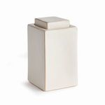 Creamy white rectangular Ophelia Jar with fitted decorative square lid and subtle brown edges