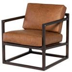 Side angled view showing dark wood armrests and thick leather cushions of the chair