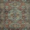 Traditional rectangular rug with terracotta base, blue and beige ornate medallion pattern, and textured faded look