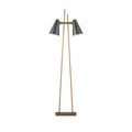 Close-up of twin black shades and antique brass frame from a slight angle showing attachment bars