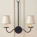 Black two-arm chandelier mounted on wall with two lit candle bulbs and ivory tapered shades