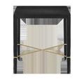 Front view highlighting champagne zig-zag stretchers connecting black linen table legs