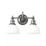 Two-light bath bracket with tube-shaped brushed nickel arms and white opal glass shades, classic sculpted socket holders