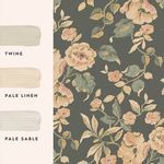 Wallpaper beside three paint color swatches labeled Twine, Pale Linen, and Pale Sable