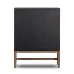 Rear view of bar cabinet showing solid black panel backed by mahogany base