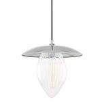 Large pendant light with brushed nickel round flat shade and ribbed clear glass teardrop diffuser