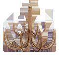 Large curved rattan chandelier with 12 candle-style lights and saddle tan hardware