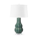 Quinn Lamp with veridian green glazed ceramic base featuring textured vertical ridges and white drum shade