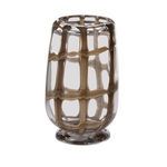 Rounded cylinder glass vase with smoky dark green hue and organic plaid-like swirl pattern inside