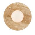 Direct view of sconce highlighting the smooth white globe centered within the natural stone disc