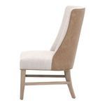Side profile of Duet Head Chair highlighting side tan upholstery and wooden frame stretchers