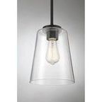 Close-up of lit Edison bulb inside clear glass shade and matte black fixture with softly lit gray background