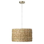 Side angle view of pendant light highlighting round woven shade and brass ceiling mount