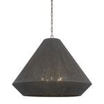 Keats Pendant with large conical shade made of woven dark jute threads and visible inner candle cluster lighting