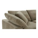 Close-up of left armrest area with plush back and side cushions in mocha brown fabric