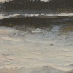 Close-up view focused on lower ocean waves and water foam texture with visible canvas grain