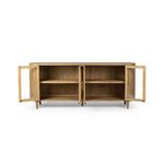 Underneath the top shelf showing two burnished metal hardware mounts inside the sideboard