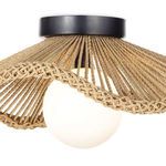 Close-up side view of flush mount's braided rounded edges and illuminated white globe