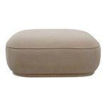 Beige Marion Square Ottoman with plump curved design, detailed piping, and recessed base for floating look
