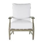 Back view of light gray teak frame with white cushioned chair showing fastening straps