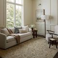 Briar Mossed Silver rug styled in a bright, traditional living room under a sofa and armchair.
