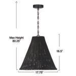 Bell-shaped rattan pendant with chain and dimensions overlay showing height and width