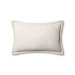 Ivory rectangular pillow with textured fabric and subtle ruffled edging, size 13 by 21 inches