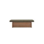 Gemma Storage Bench with soft muted green chenille cushioned top and walnut wood base with storage drawer