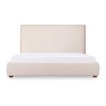 Luzon tall headboard bed in neutral linen blend upholstery with padded headboard and low-profile frame