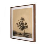 Side angled view highlighting the thin walnut wood frame of the tree landscape painting