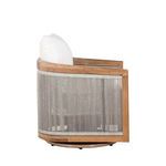 Profile side angle showing curved rope back panel and teak frame armrest