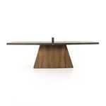 Head-on view of table with stand-alone base viewed from slightly elevated angle