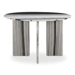 Celia round dining table with white panda marble top and geometric marble base featuring vertical gray and black stripes