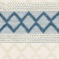 Close-up showing raised blue diamond motifs and detailed woven texture of the entry rug
