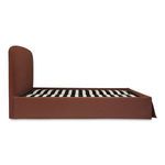 Side view of Joan Queen Storage Bed revealing fabric-covered frame and slatted support