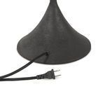 Black wrought iron cone-shaped lamp base with attached black fabric cord and two-prong plug