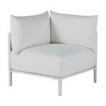 Modern white outdoor corner sofa piece with two large cushions and sleek metal frame