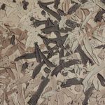 Extreme close-up of thick, layered brushstrokes in beige and dark brown hues with visible texture