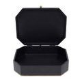 Open box from front displaying spacious black interior and gold-trimmed edges