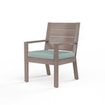 Laguna Dining Chair in driftwood-finish aluminum with mint green seat cushion, armrests, slatted backrest