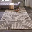 Rug placed in a minimalist living room with gray daybed and hardwood floor, showing full rug length and pattern
