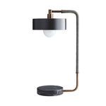 Lamp showing front profile with visible frosted bulb suspended under black drum shade