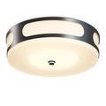 Swale Outdoor Flush Mount with softly glowing bottom diffuser lit evenly across surface